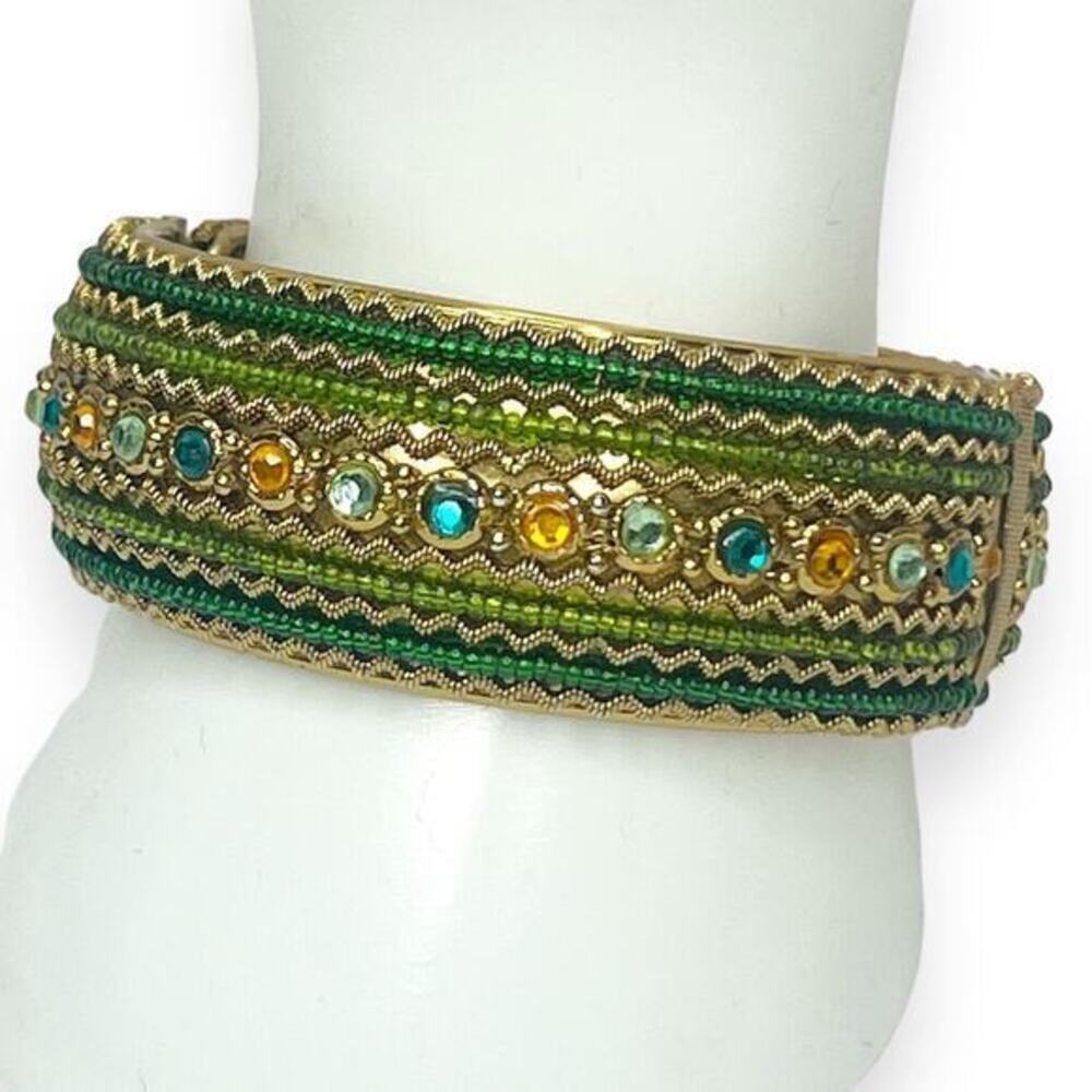 Bangle Bracelet Jeweled Aqua Green Beads Hinged Mid Century Vintage